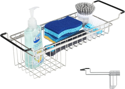 An expandable stainless steel sink caddy with adjustable length, featuring compartments for holding kitchen utensils and sponges.