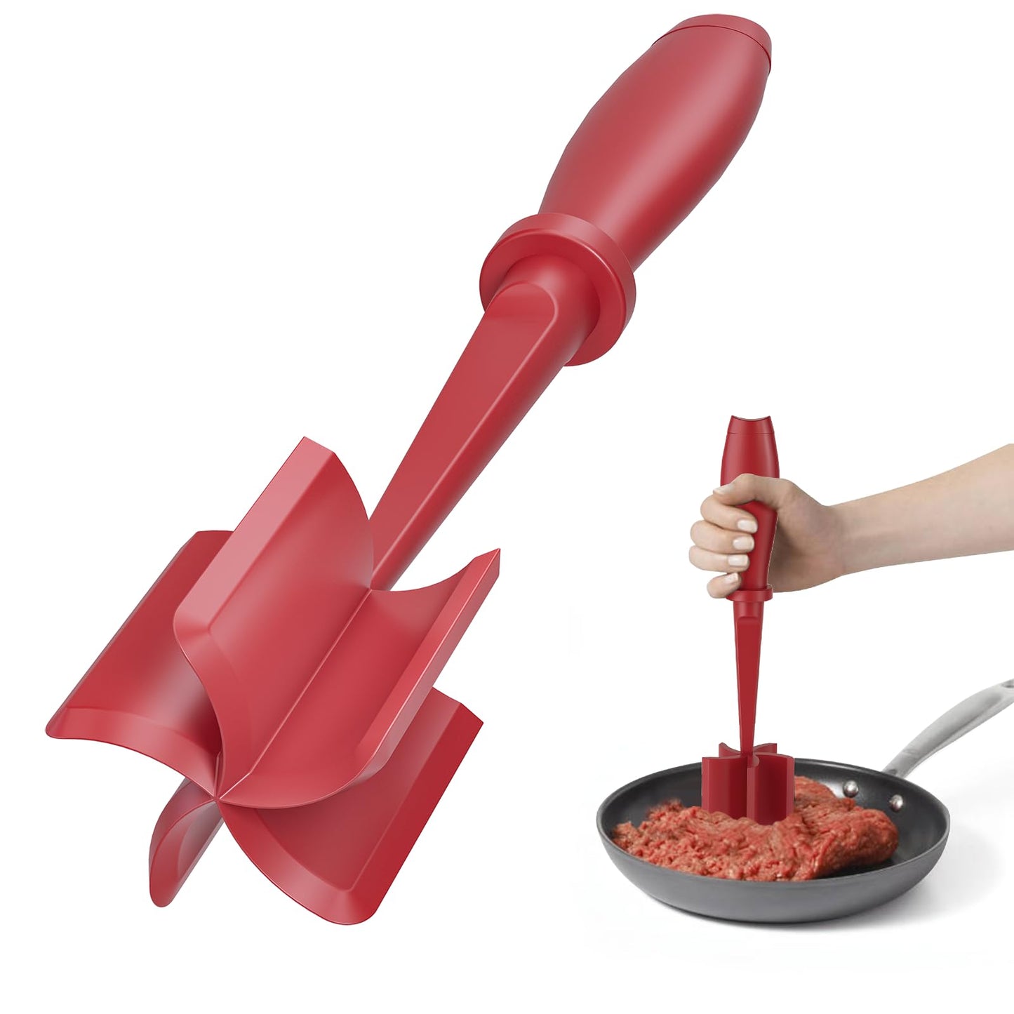 A black nylon meat grinder with five blades being used to crumb meat in a pan.