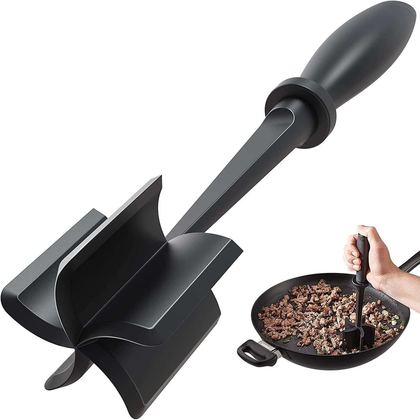 A black nylon meat grinder with five blades being used to crumb meat in a pan.