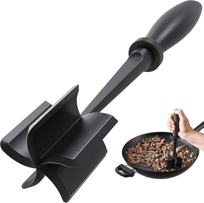 A black nylon meat grinder with five blades being used to crumb meat in a pan.