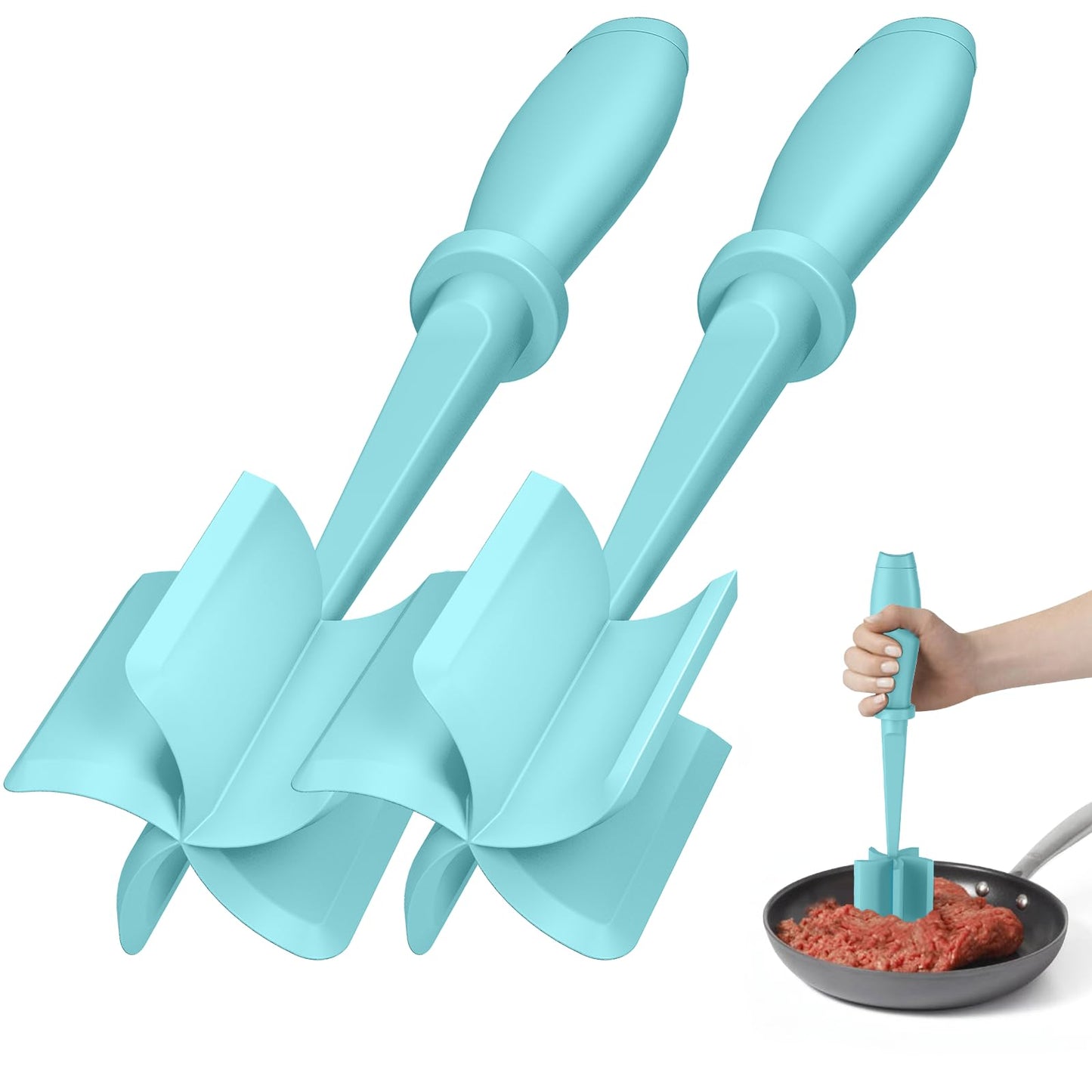 A black nylon meat grinder with five blades being used to crumb meat in a pan.