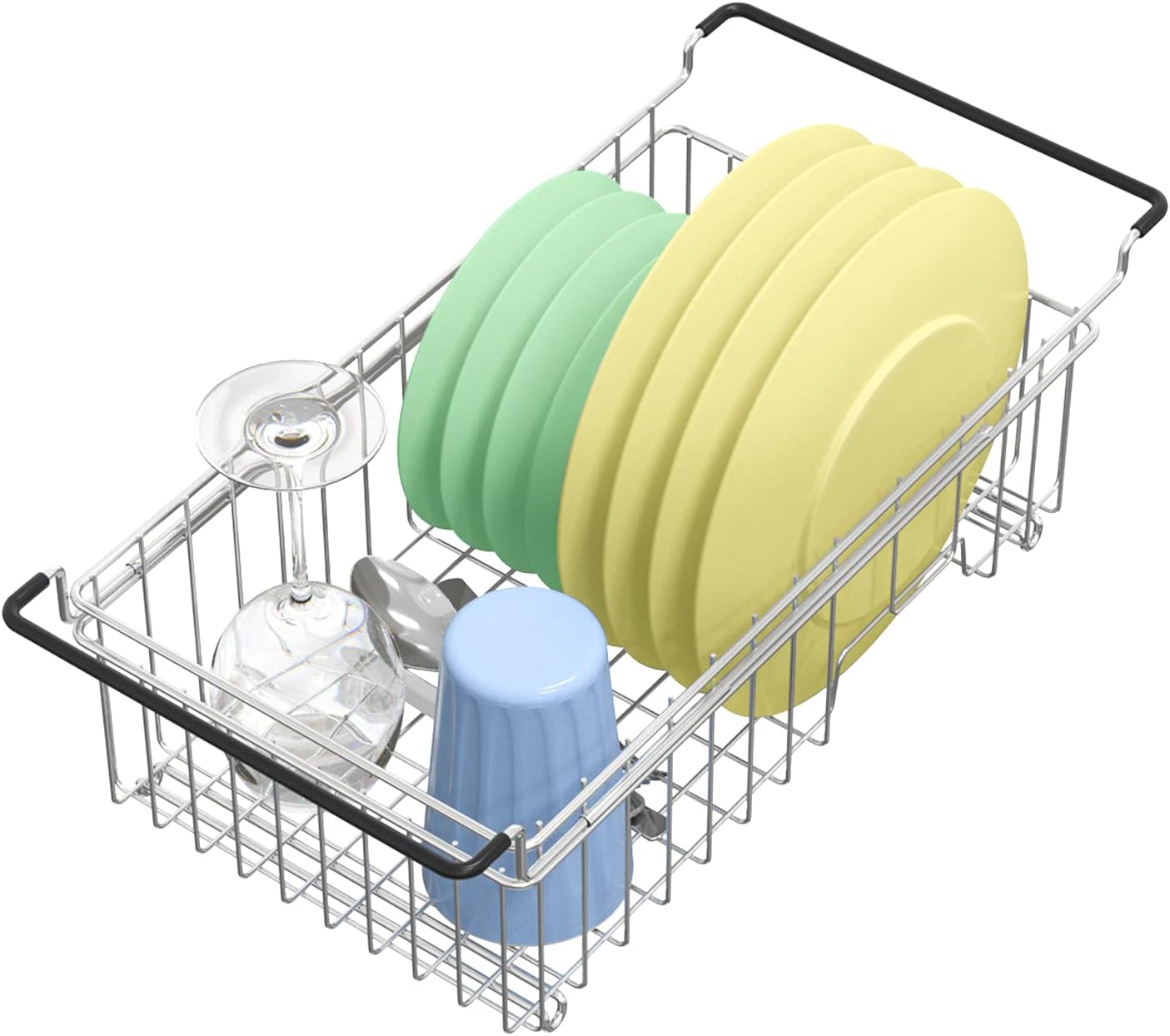 Adjustable stainless steel over-the-sink dish drying rack with dishes inside, depicting the rack's capacity and design.