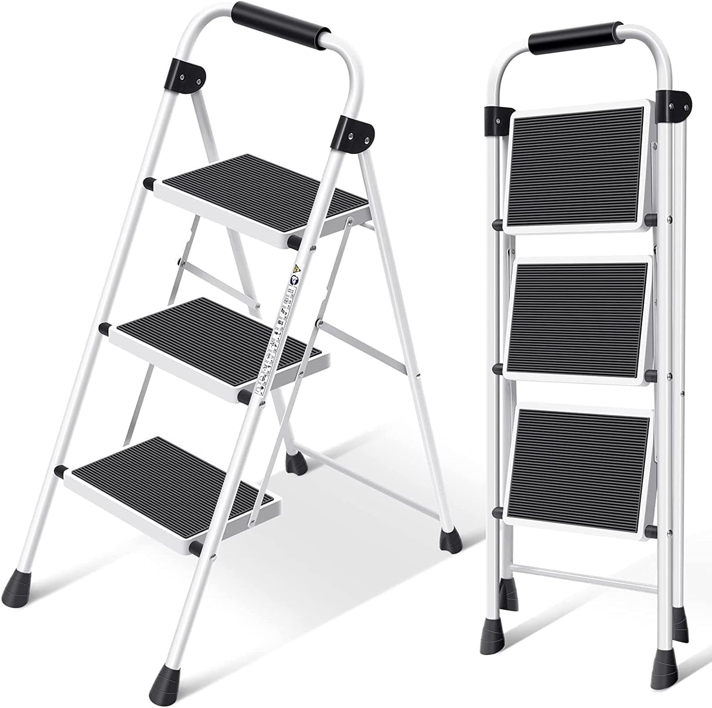 A white 3-step folding ladder with black anti-slip pedals and bracing rods, shown in both open and closed positions.