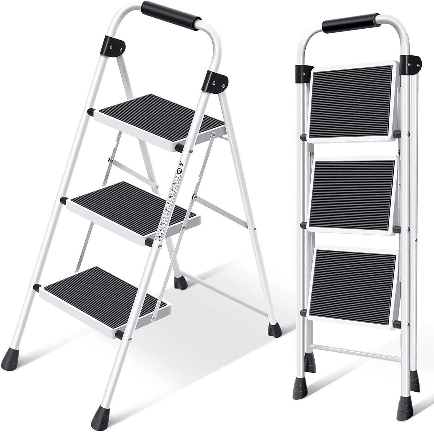 A white 3-step folding ladder with black anti-slip pedals and bracing rods, shown in both open and closed positions.