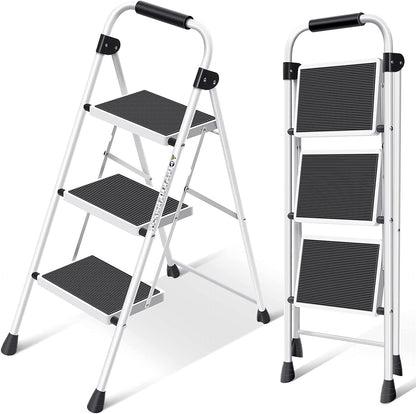 A white 3-step folding ladder with black anti-slip pedals and bracing rods, shown in both open and closed positions.