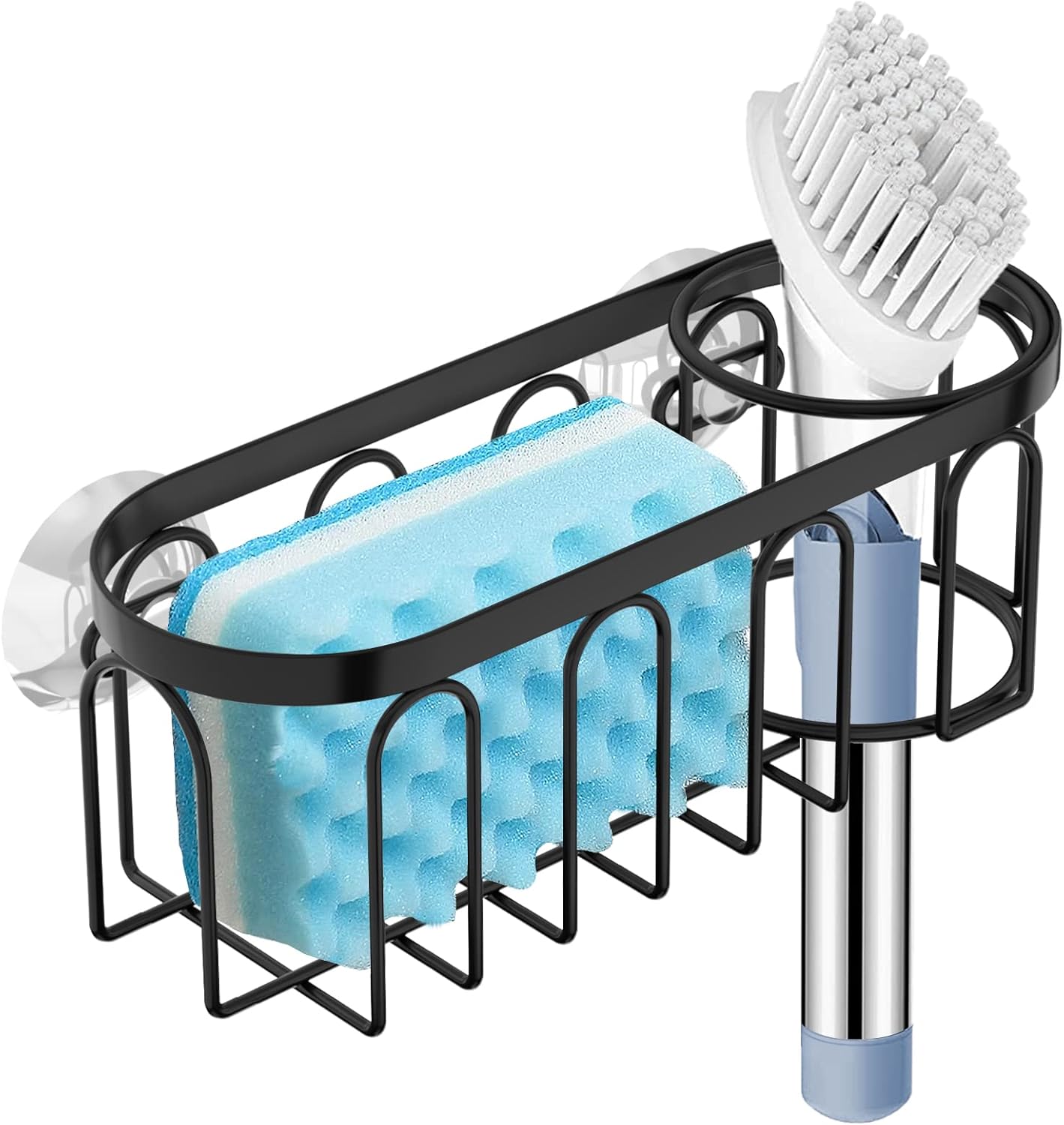 A black stainless steel sponge holder with suction cups attached to a white sink, holding a blue sponge and a dish brush.