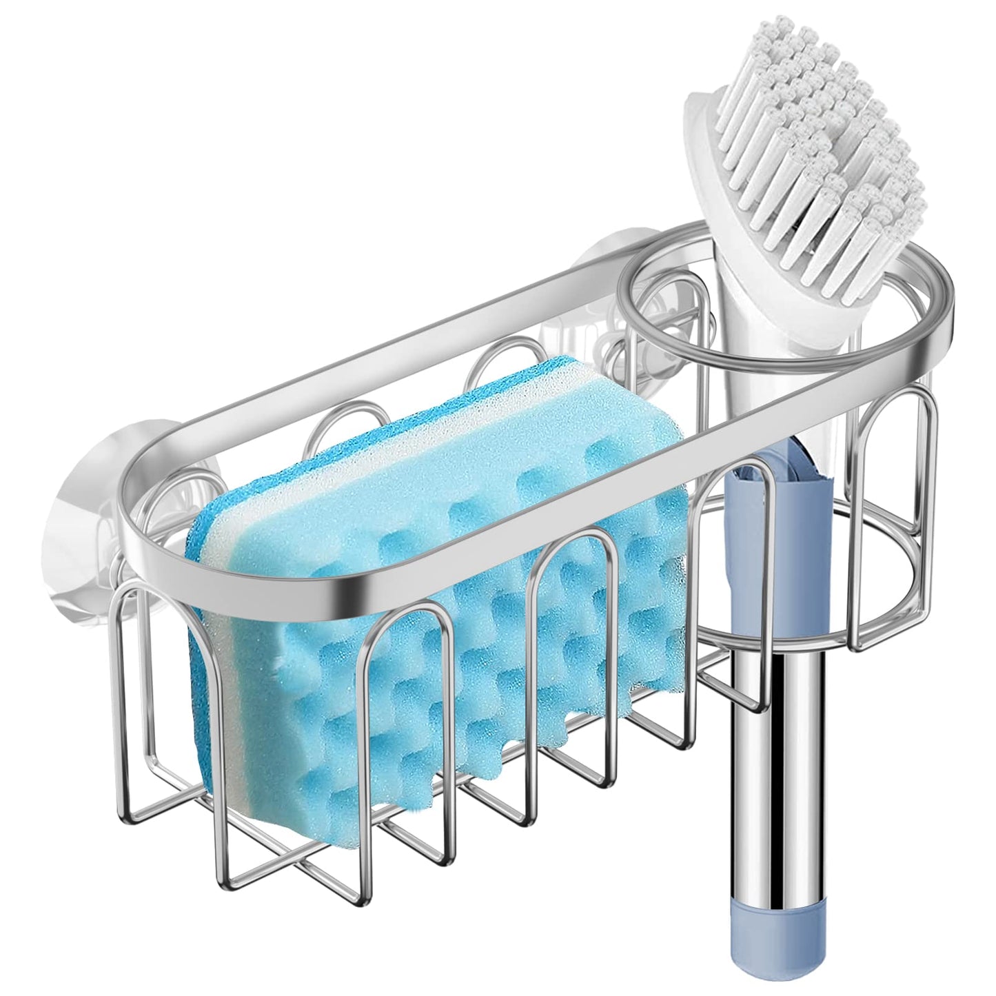 A black stainless steel sponge holder with suction cups attached to a white sink, holding a blue sponge and a dish brush.